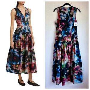 NWT Ulla Johnson Kiran Blossom Batik Poplin V-Neck Drop Waist Dress in Aura Sz 2